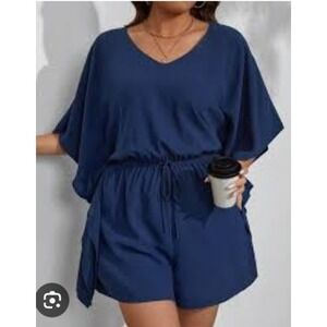 Navy Blue Classic Plus Size Romper Drawstring Waist Flattering Fit 3XL
